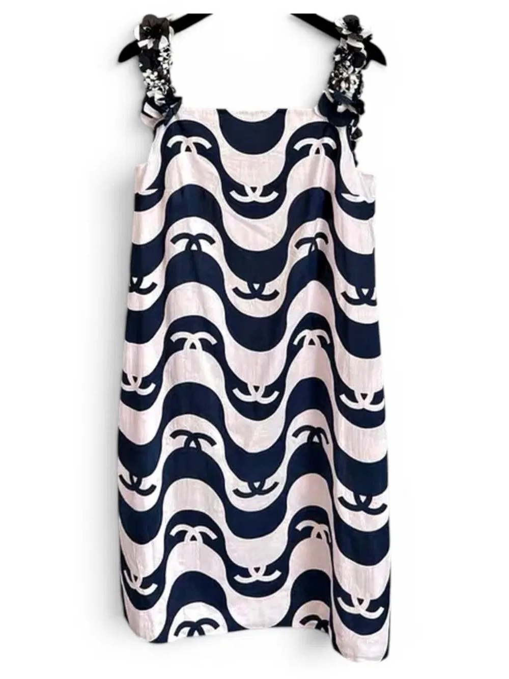 CHANEL Black and White Logo Floral-Strap Shift Backless Dress